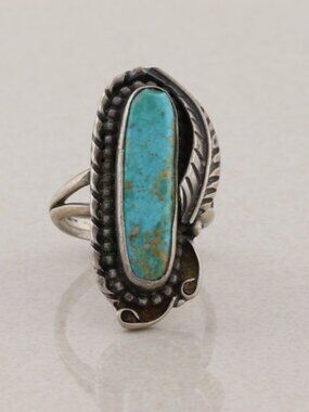 Sterling Silver Natural Oval Turquoise Ring Leaf Design Size 6 1/2